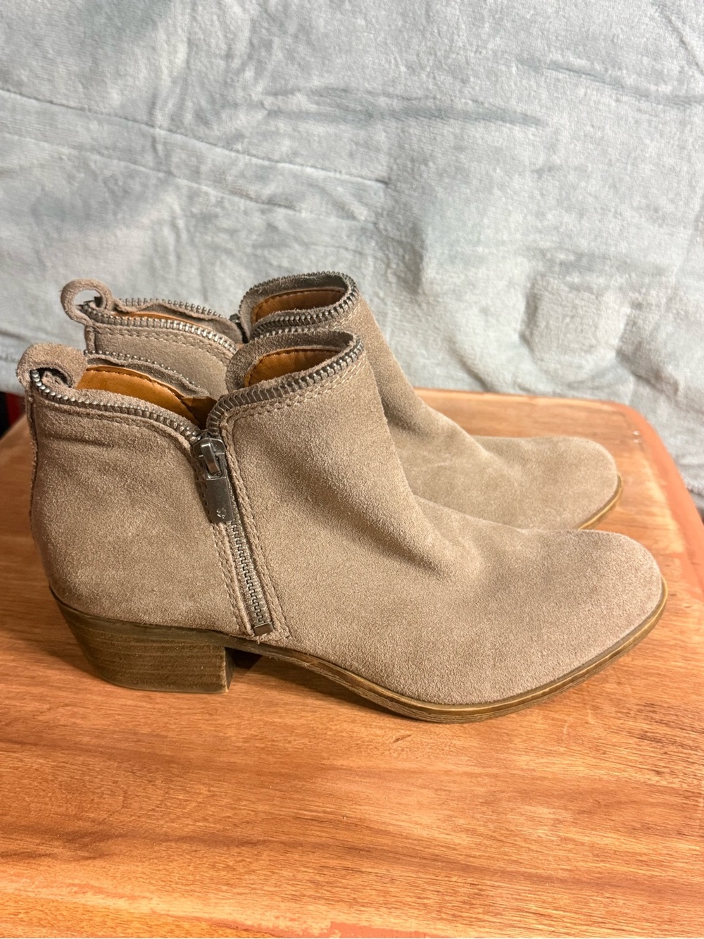 Lucky Brand Women's Taupe Suede Ankle Booties with Double Side Zip